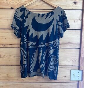 French Connection Olive Green Black Abstract Graphic Print Cotton Zip Back Top L